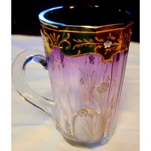 Antique Moser Art Bohemian Amethyst and Gold Gilt Floral Beaker Spa Glass